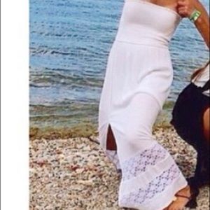 White summer maxi dress strapless side slit lace